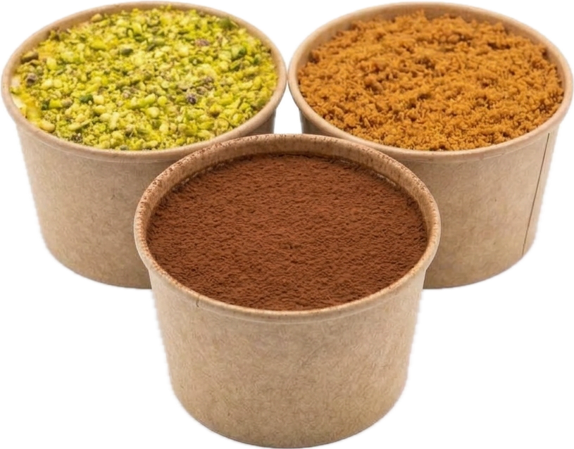 Classic, Pistachio and Biscoff tiramisù in their pots